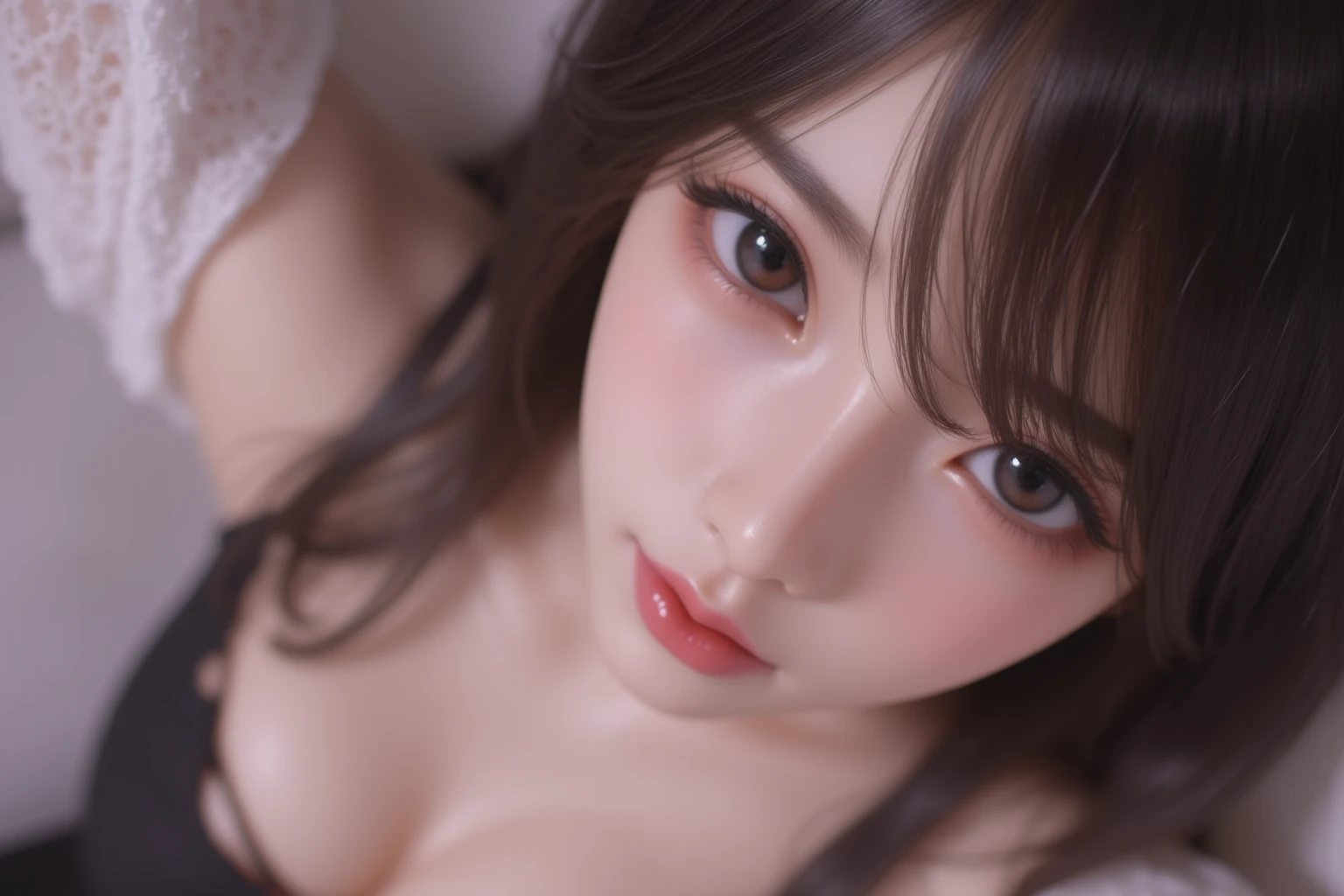 best quality,highres,masterpiece:1.2,ultra-detailed,photorealistic,brown eyes,beautiful detailed eyes,beautiful detailed lips,extremely detailed face,detailed nose,cute girl,smiling,Vanessa,brunette,pink lingerie, on bed