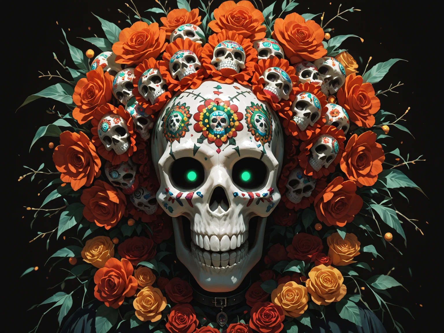 Futuristic Soldier Girl Portrait,looking at viewer,upper body,science fiction,
a woman dressed in a sugar skull costume with flowers, Amazing Octane Render, thick dust and red tones, wearing a golden halo, Saint Woman, white skeleton face
