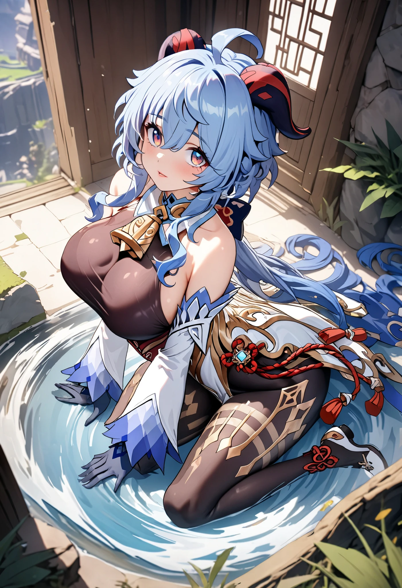 (Photorealsitic:1.4)、(​masterpiece、side lights、Beautiful Eyes of Details:1.2)、​masterpiece*portlate、realisitic、3D顔、
ganyu \(GenshinImpact\), 1girl in, Ahoge, architecture, bangss, bare shoulders​, Nud, cleavage of the breast、black gloves, Skirt to see、Smooth thighs、 (blue hairs), red blush, breastsout, Chinese knots, Detached sleeves, flower knots, gloves, banya, length hair, looking at the viewers, middlebreast, Bell around the neck