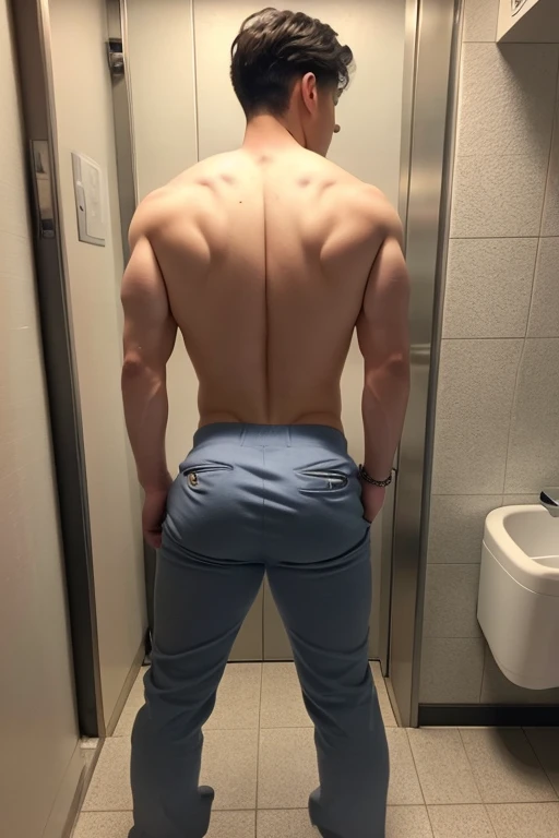 Full body photograph from the back, man heavyweight bodybuilder cinematic light shorts 75kg full muscle, Bigote grueso y trozo chino barbudo, hombre muy guapo., parte superior del cuerpo sin camisa，perfect body ratio, , huge and bulging erotic pectoral, hipermusculoso nalgon, realista,  white jeans,  