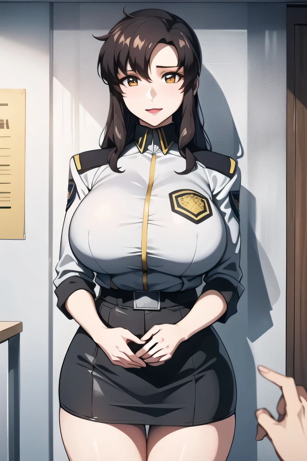 Lin Wei, a beautiful human-hybrid with striking black eyes and long black hair tied in a high ponytail, stands confidently. She looks directly at the camera with a determined and intelligent gaze. Her military uniform fits perfectly, highlighting her strong yet feminine physique. Her presence exudes strength, grace, and leadership. The background suggests a futuristic starship setting, adding to her commanding and powerful aura.
