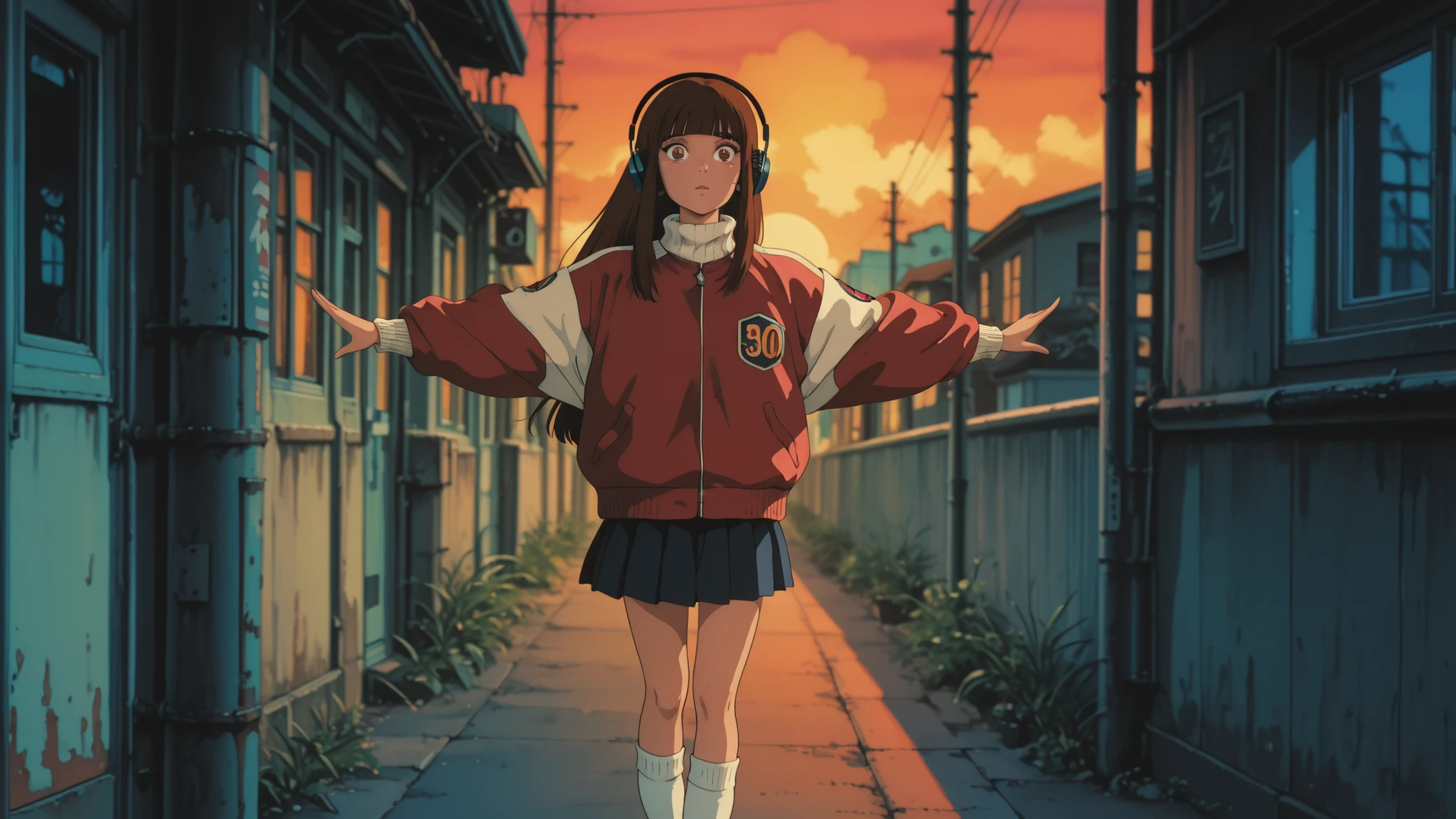 high quality, masterpiece, detailed photograph, anime girl classic retro style, big and expressive eyes 90's style, natural pose three quarters, oversized red and white varsity jacket with patches, bulging sleeves, sporty turtleneck, medium brown hair with loose locks framing the face, classic straight bangs, soft and nostalgic expression, Navy blue pleated miniskirt, white knee-length socks, brown school shoes, blurred urban sunset background, warm and vibrant colors, soft and defined shadows, classic Japanese animation style, inspired by Rumiko Takahashi and 80s designs s-90s, clean and defined lines, pastel retro color palette, animation cell texture, soft and enveloping lighting, subtle grain characteristic of classic anime, The girl has headphones and it's nighttime, vapor