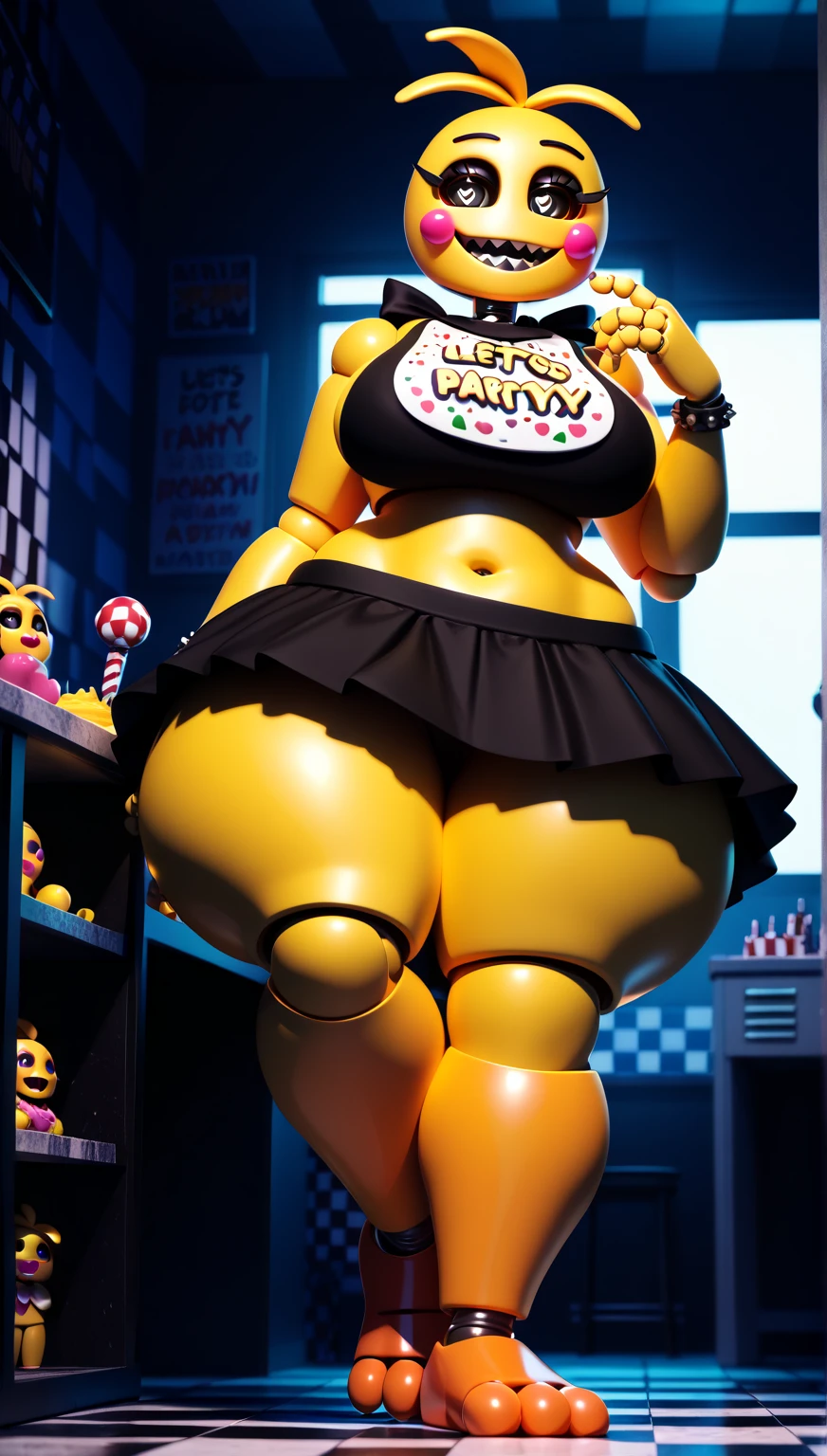 Chica from Five Nights at Freddy's, ((insanely big thighs)), ((fat rolls)), ((gigantic hips)), massive lower body, (thighs several times wider than body), thighs occupy lower half of frame, ((massive thighs)), ((ssbbw)), ((obese)), ((morbidly obese)), plain pink panties, grin, party room background, scary, ominous lighting, (((butt)))