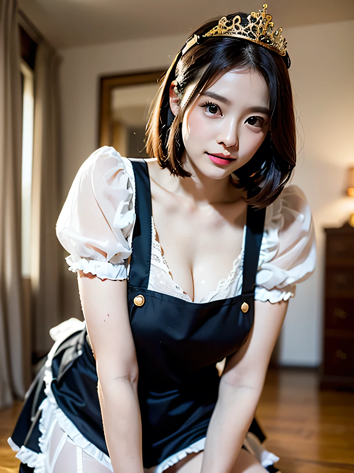 score_9, score_8_up, score_7_up, ultra quality, masterpiece, realistic, photorealistic, Source_photo, photography,masterpiece, 8k, best quality, Very detailed,a perfect woman, Japanese woman、35yo、beautiful eyes, double eyelid, skinny thighs, skinny long legs,short hair, small butt, hair band,beautiful round breast, down blouse:1.5, ((Well good)), sexy apron,lean forward, house cleaning, wipe floor:1.5, (moderate breast), (beautiful nipples)