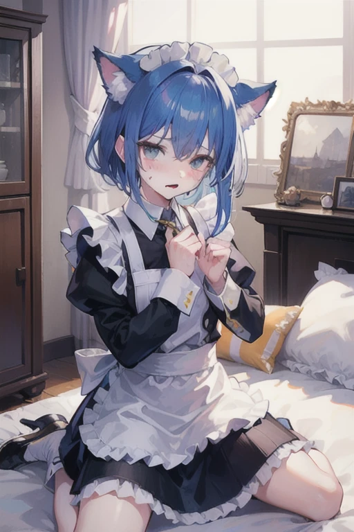 rainbow hair, ponytail, hairclip, hair ribbon, a gift, Maid headdress, lace shape, mole under the eye, heart-shaped pupils, Cat Ear Headphones, A bored look, legs