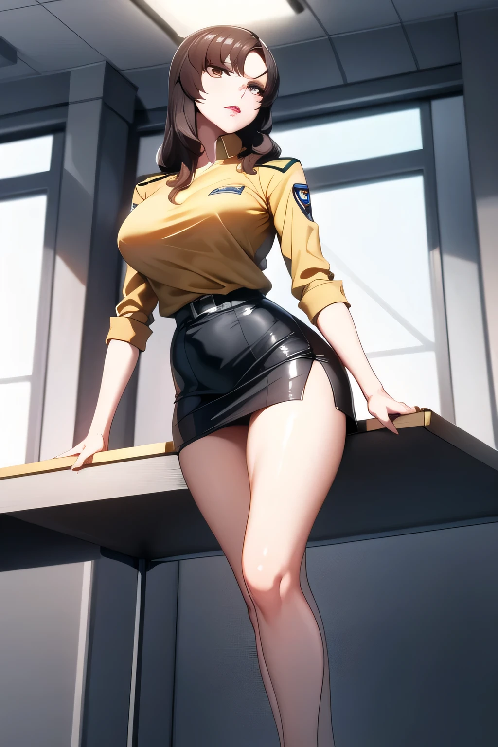 （（super high quality,））（（Ultra-high resolution,））（16K,）（super masterpiece,）（（Ultra HD ,））（Detailed shading,）One sexy woman,Brown short hair bouncing out,popped Tight collar Yellow shirts,Unbutton your shirt down to your chest,Long sleeve,Cleavage,Black tight skirt,Crescent-shaped earrings,Crescent Necklace,Ecstatic smile,blush,