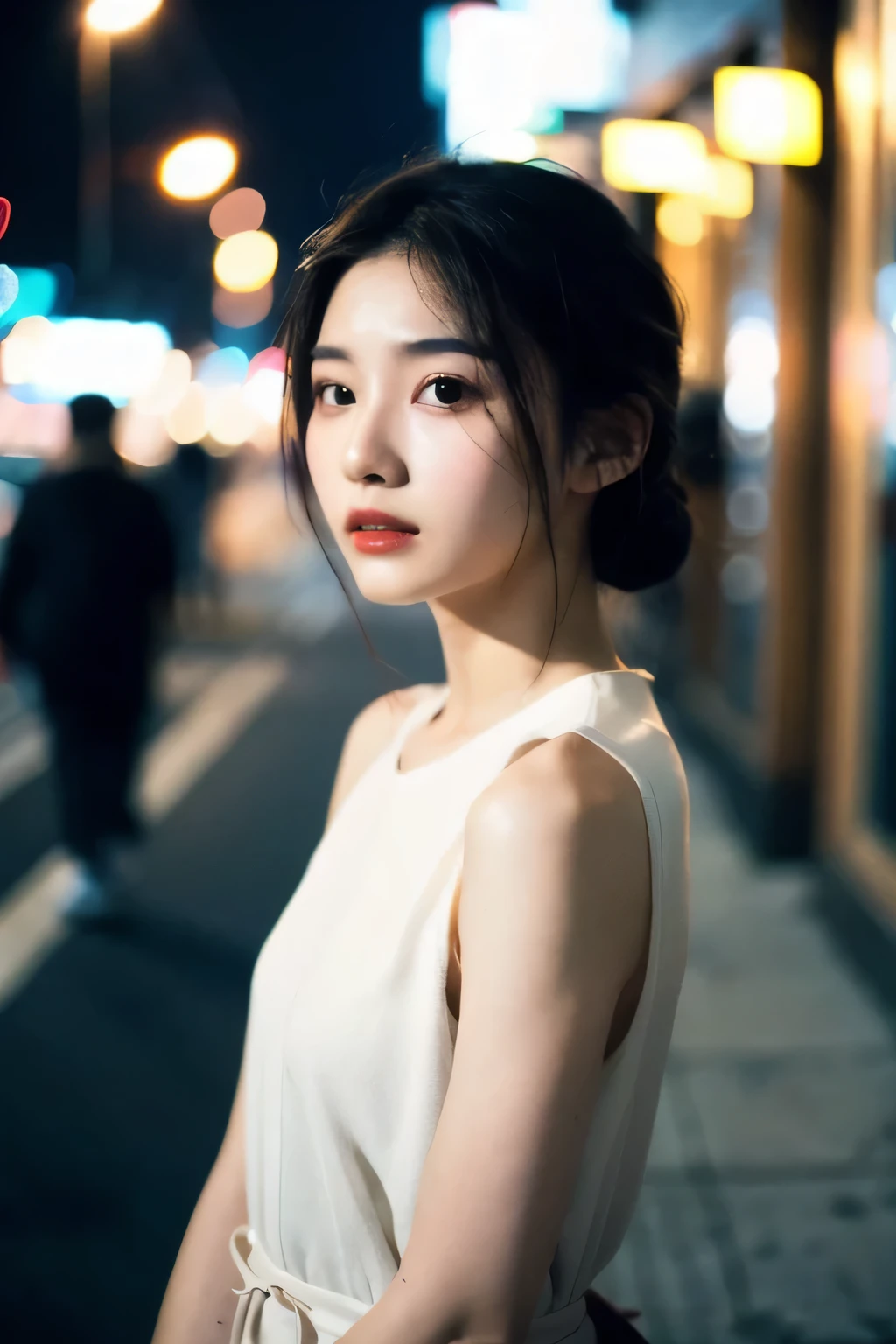 (((best quality))),(((ultra detailed))),(((masterpiece))),illustration,1girl,slim,strapless vibrant rose-pink ,short ponytail,flat ,standing, bustling city streets, honking cars,surrounded by crowded crowds, colorful advertisements,grilled skewers,enjoying sights and sounds,(dark black skin:1.5),day scene,(close-up of face:1.3)