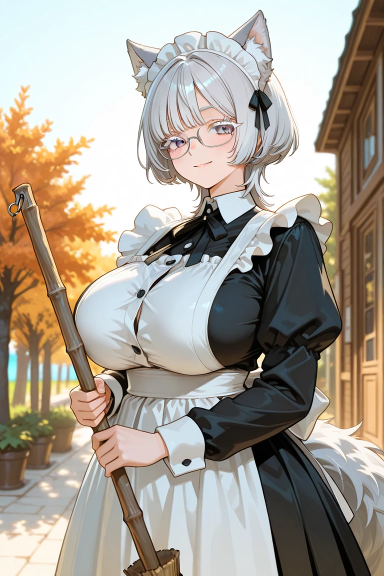 best quality, masterpiece, 1girl, (solo:1.1), raytracing, ultra detailed,detailed face, 8k wallpaper, wide hips, <lora:more_details:0.5>, smile, GrayfiaLucifuge_NDV, 1girl, grey hair, large breasts, long hair, grey eyes, twin braids, maid suit, maid hat, long blue dress, <lora:GrayfiaLucifuge_NDV:0.7>, outdoor