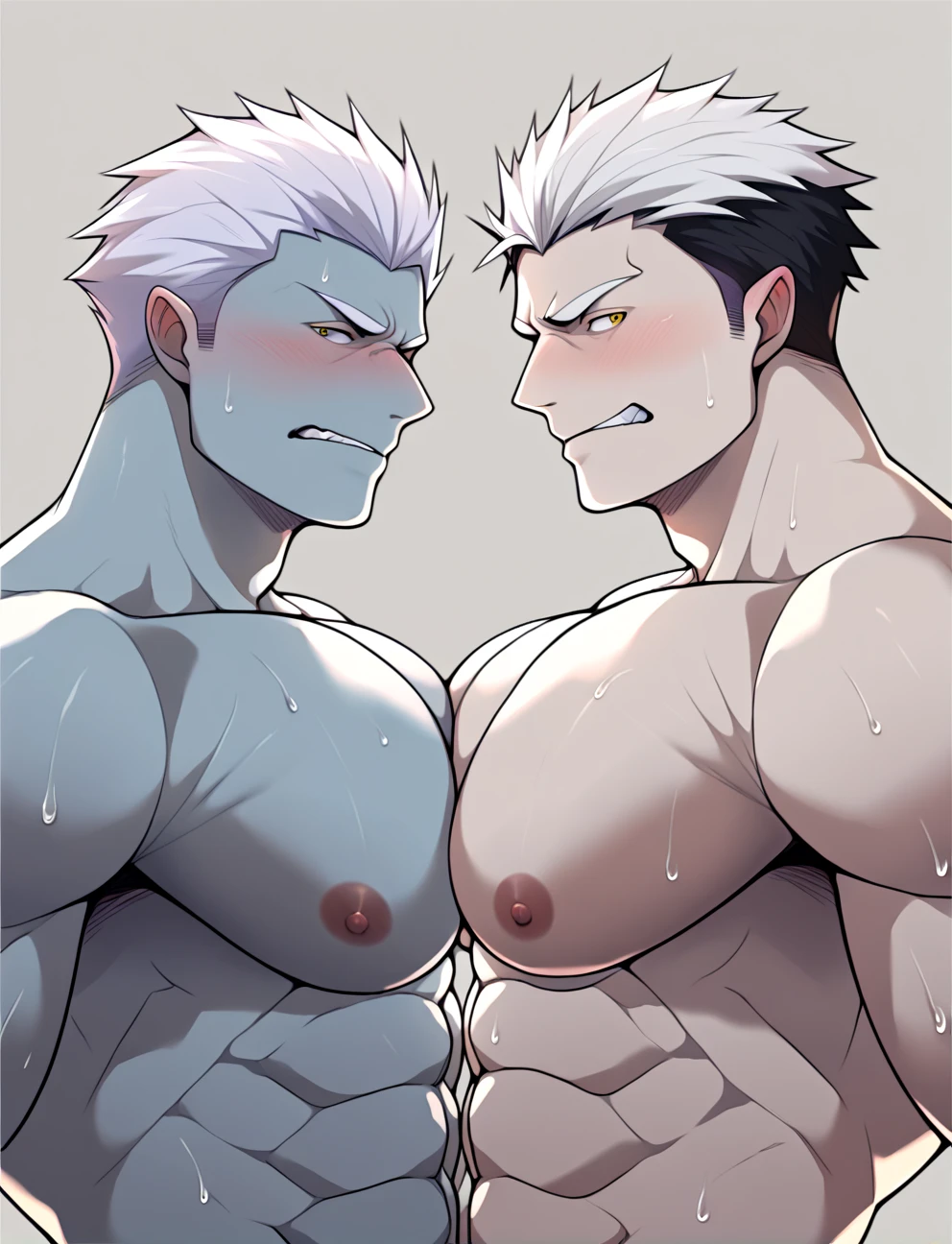 bakugou katsuki, mirko, Face to face, bilateral symmetry, two women, anger, huge breasts, veins of anger, hatred, Hatred, grimacing, nudity, angry, steam, saliva trails, sweat, huge breasts, anger, nudity, angry veins, muscular woman, symmetrical, equal, screaming, shiny skin, abs, chubby, scarred, thick legs, thick arms, fat overall view, symmetrical, symmetrical, symmetrical, short of breath, Punch in the belly