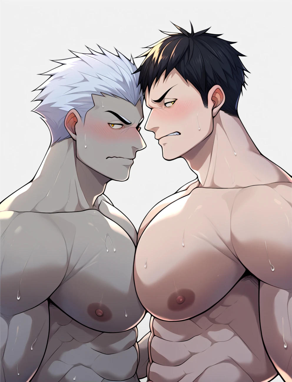 bakugou katsuki, mirko, Face to face, bilateral symmetry, two women, anger, huge breasts, veins of anger, hatred, Hatred, grimacing, nudity, angry, steam, saliva trails, sweat, huge breasts, anger, nudity, angry veins, muscular woman, symmetrical, equal, screaming, shiny skin, abs, chubby, scarred, thick legs, thick arms, fat overall view, symmetrical, symmetrical, symmetrical, short of breath, Punch in the belly