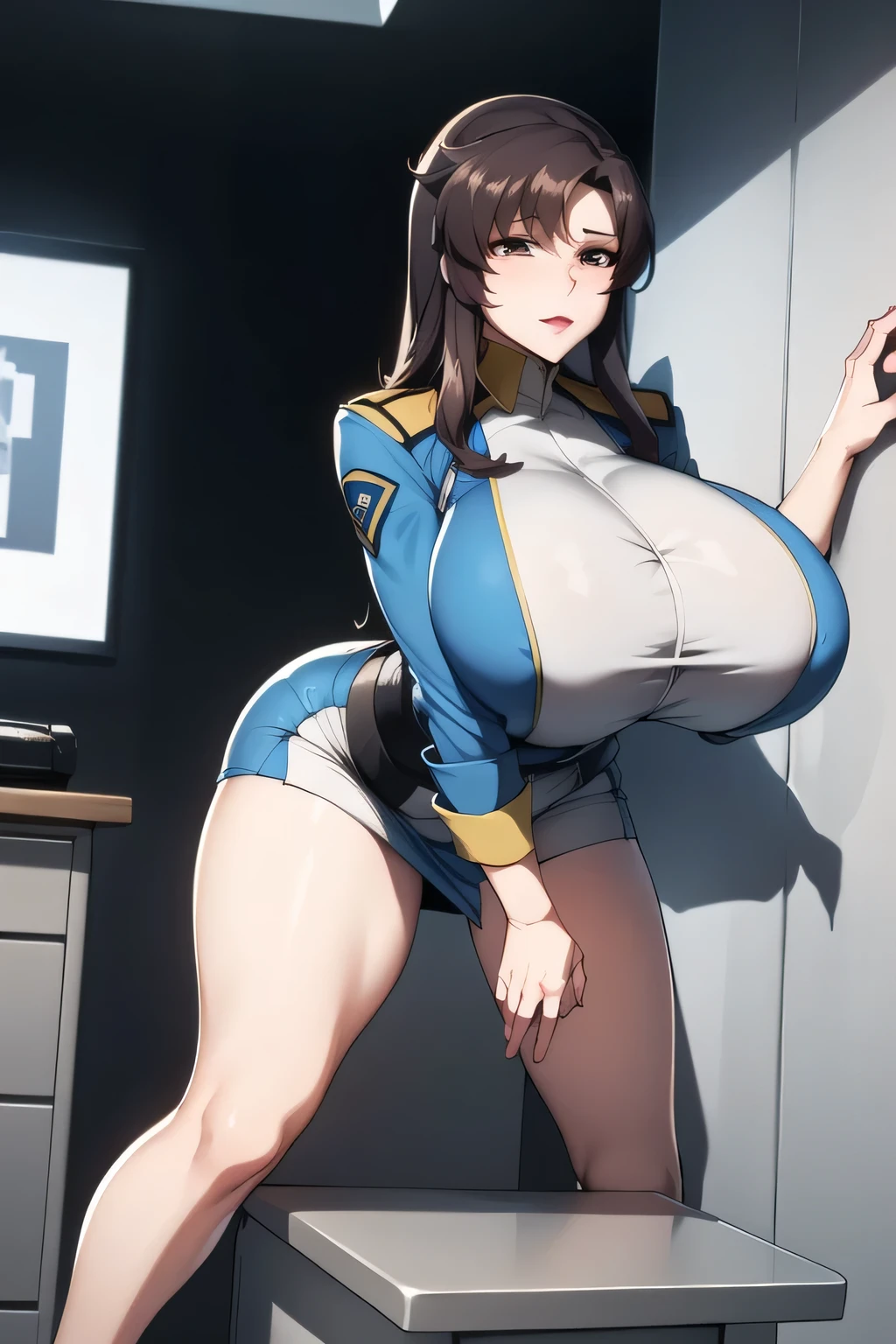 tmasterpiece,best qualityer,1girll,Inside the airport,flightattendantuniform,huge tit,parched,and the sun was shining brightly, Very realistic,Stunning scene