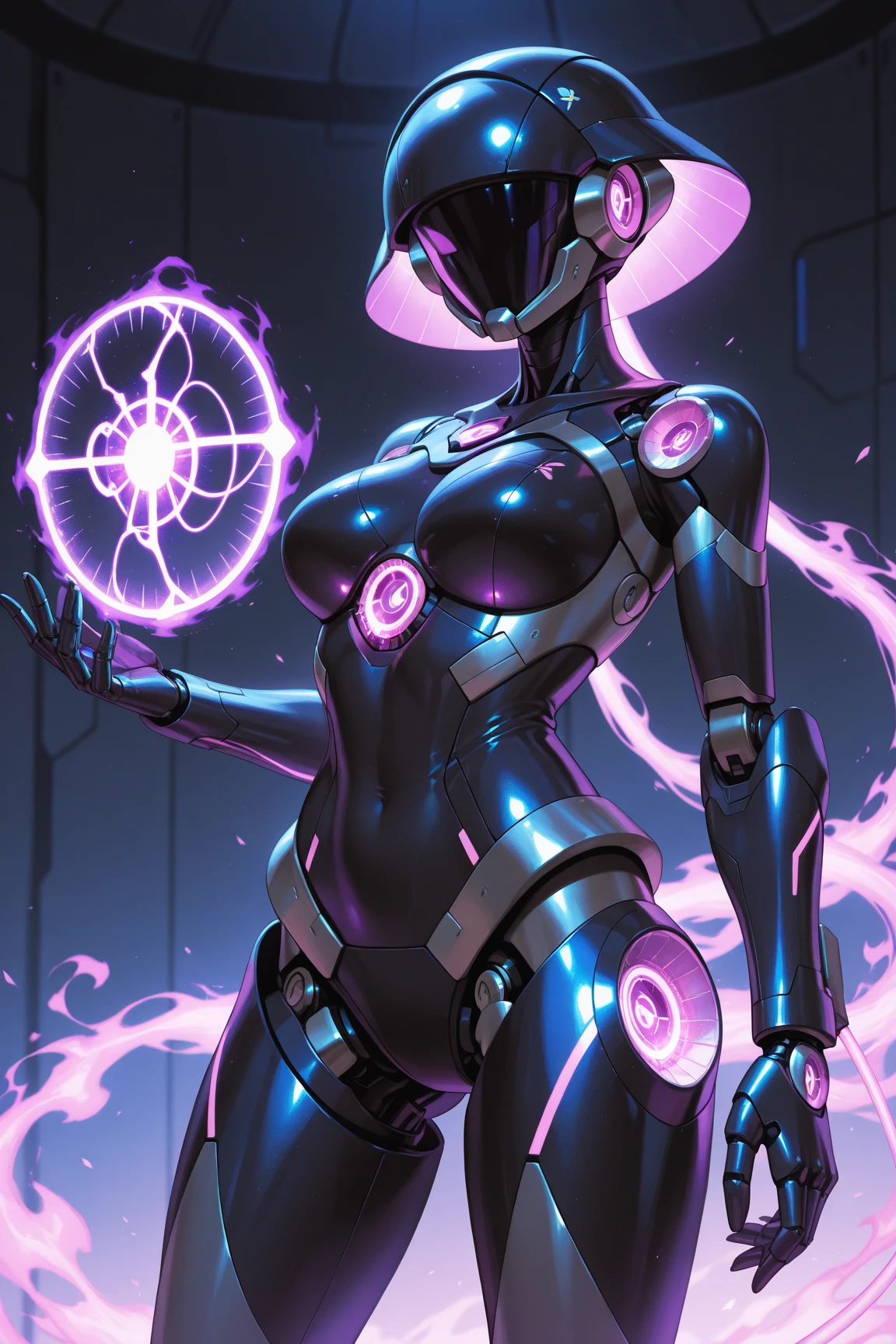 Mujer guapa cibernetica. Muy intrincada. Cuerpo de robot color rosa pulido y brillante
