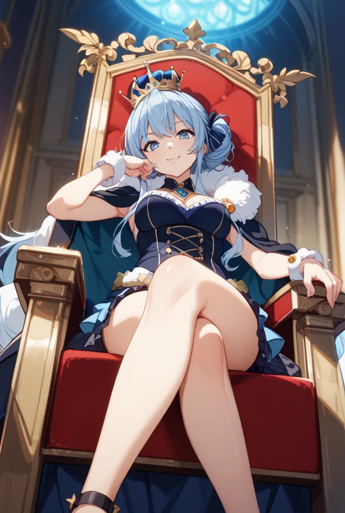 Fancy,1girl umi ryuuzaki una princesa de un reino mirando hacia la camara, vista frontal, sentada en un trono, piernas cruzadas, brazos apoyados en el trono