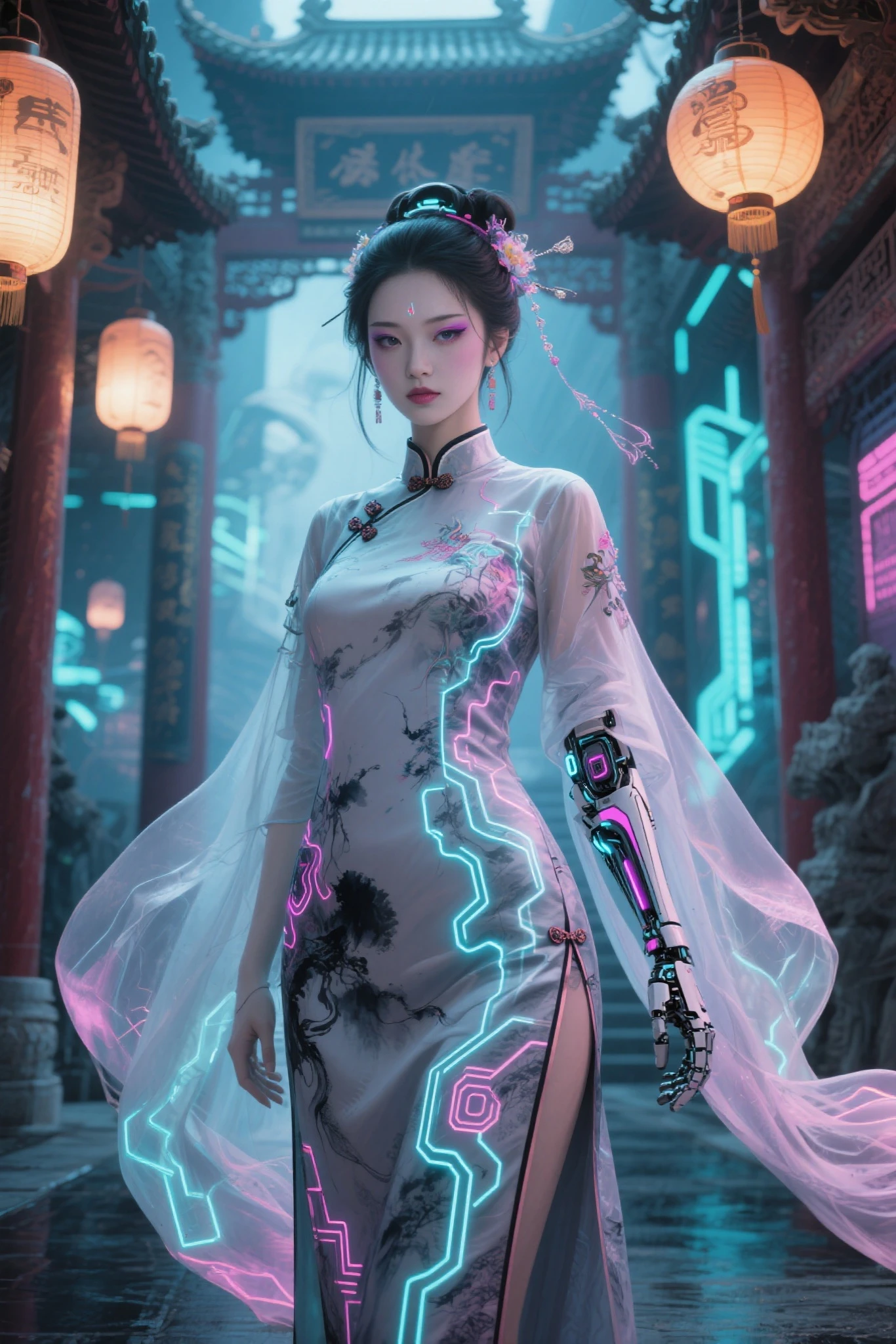 (masterpiece:1.2, best quality), (highly detailed:1.3), realistic, realistic details, detailed, 1 girl, solo, narrow waist, full body, cowboy shot, dynamic pose, <lora:GoodHands-vanilla:1> nice hands, perfect hands ,
photo realistic:1.4, (pureerosface_v1:0.5) , (ulzzang-6500-v1.1:0.5), <lora:add_detail:1.4>, <lora:tiaraaurellie_v2:0.4>, <lora:girlfriendmixV1_v20:0.4>, <lora:yurisaLora_v40:0.2>
1 girl, chinese_clothes, cyberhanfu, Cheongsam, Headdress, hair ornament, absurdly long hair, floating hair, looking at viewer,
cyberpunk city, cyberpunk, a high-tech city, full of machinery and futuristic element, futurism, technology
<lora:cyberhanfu_20230617014620:0.8>
<lora:cbpkv_20230614221551:0.3> cbpkv5