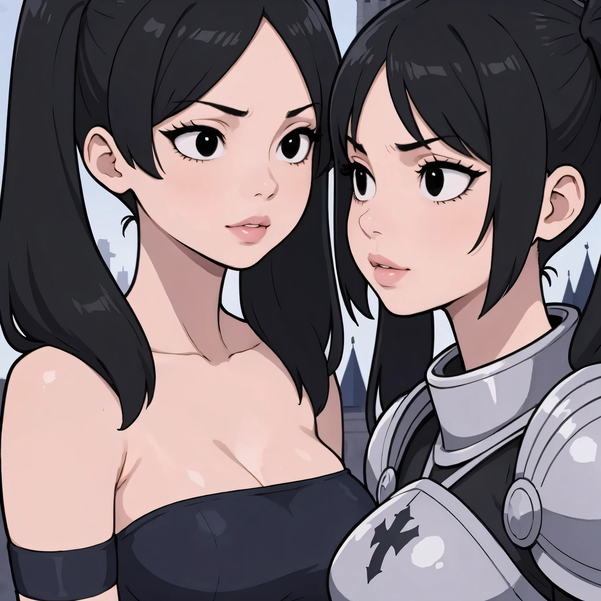 Perfect Face, Beautiful Face, Black Hair, Long Twintails Hair, Black Thin Eyebrows, Black Eyes, Lips Without Makeup, (Medium Breasts), (Armor Bra Tube Top), Looking At Me, (Castle Background)