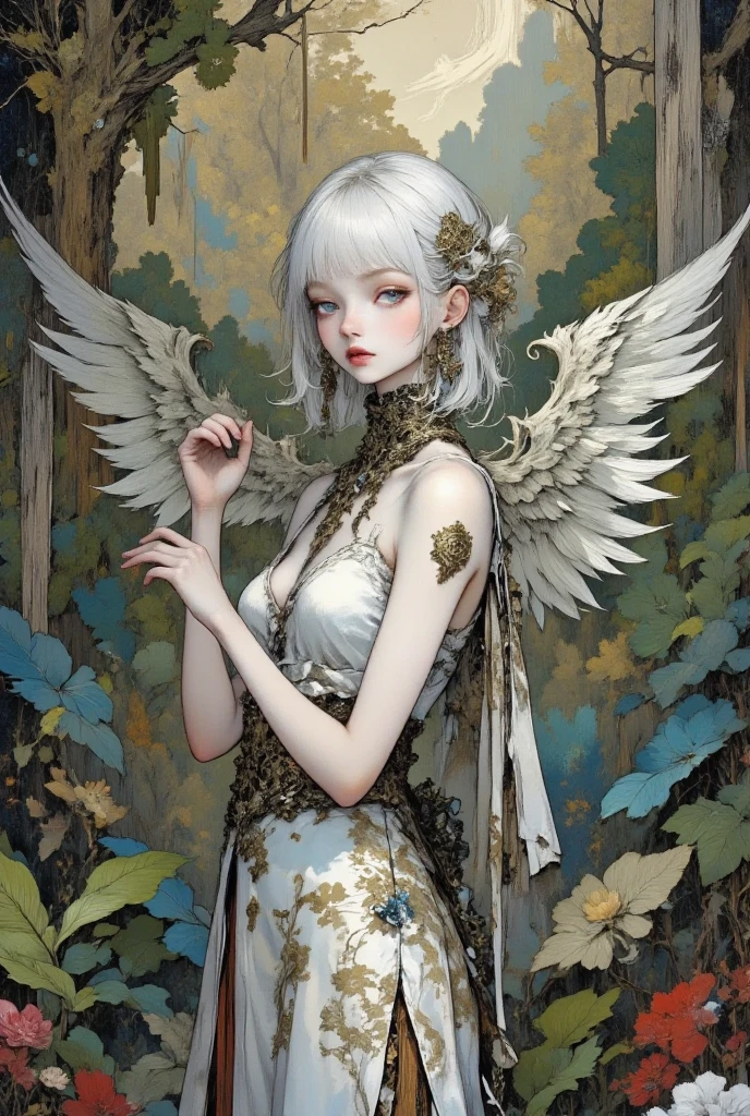 Rusticcore, contest winner, pixiv, Disgusting a white haired woman with wings and jewels on her head and chest, wearing a white dress with silver wings and a silver collar, (Charlie Bowater:0.158) , (ice:0.073) , (a character portrait:0.265) , (fantasy art:0.457) and Seaweed, extremely beautiful, Analytical Art, 8K, best quality, DayGlo orange dust particles, dslr, anaglyph effect