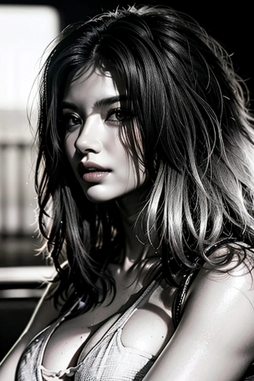 27 years old woman, brazilian, Messy hair flying in the wind ,(Black dress spaghetti strap ), nose piercing, face only , dark room ,low key photography technique , (soft light: 7), (((black background))), (((black and white))), (several poses: 1),