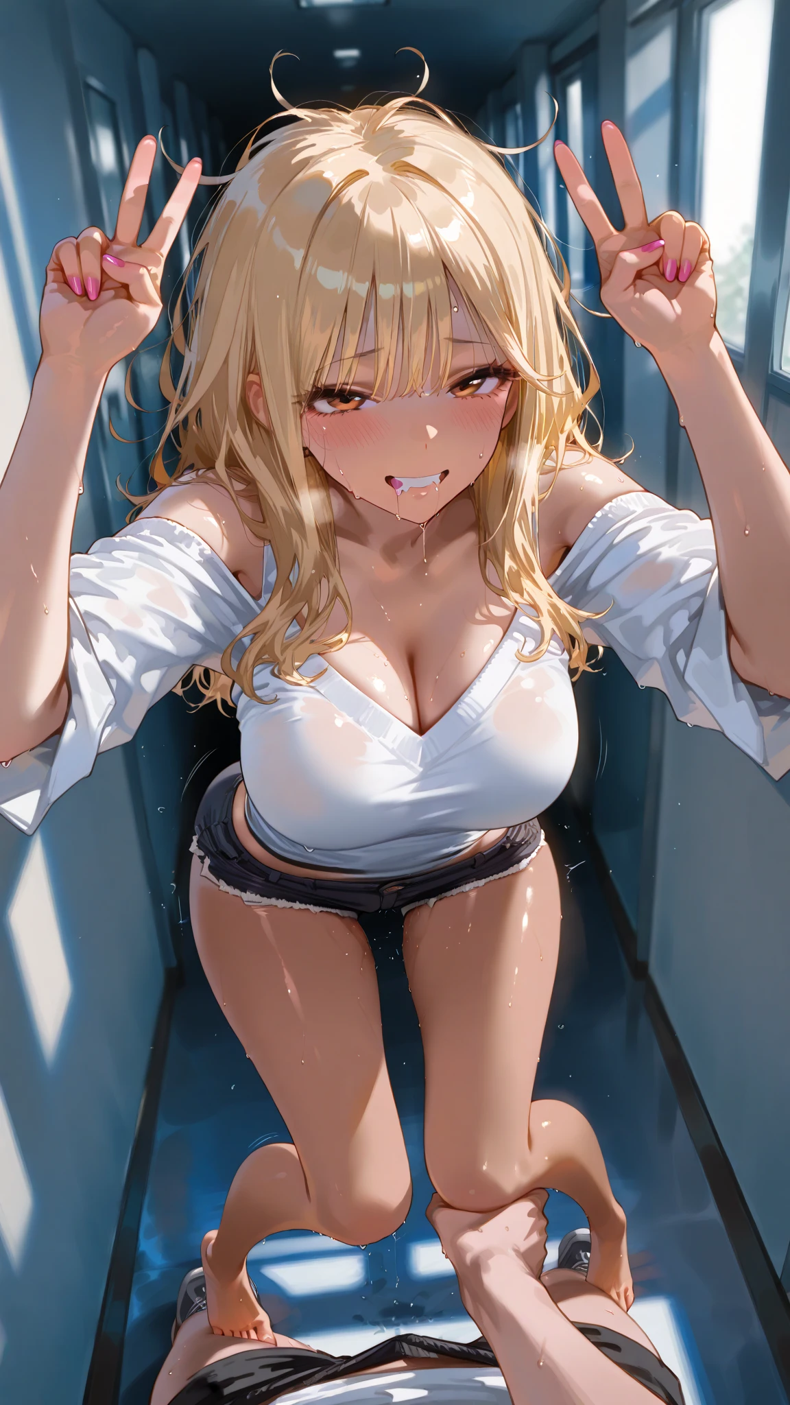 1girl, frenda seivelun, toaru majutsu no index, Highest quality, Super detailed, masterpiece, Ultra-high resolution, 8K, Embarrassing, blush, Lovely, Close one eye, With tears in her eyes and her mouth open, drooling, (arms behind head), wariza, (off-shoulder white shirt, micro mini skirt), cleavage out, crop top navel, medium breasts, Absolute area, Waistline, (Shower room, I take a shower)