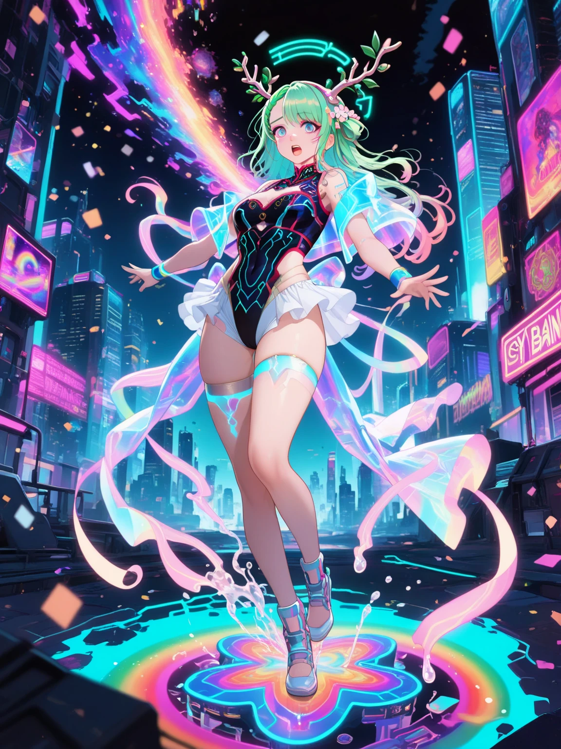 (night neon club:1.5), (glow dance floor:2.0), neon signs, neon lights, (sparkling disco ball), ((1girl, female focus)), female appearance, (from below), solo, (dancing:1.5), (sparkle effect:0.5), (pale purple skin:2.0), (green multicolored hair:1.4), luxurious hair, green eyes, (glow eyes:1.5), (soft smile:1.3), joyful gaze, ((looking at the viewer)), happy face, (green wavy tattoos:1.5), (plant accessories:1.4), ((top with transparent sleeves)), ((glow trousers)), disco boots