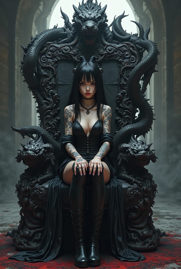 succubus, sexual female demon, SITTING ON THRONE, slight evil smile, queen of underworld, woman with snakes, skulls on the ground, floating smoke demons, man in chains, slight evil smile, snake hair, brothel with many sexy women