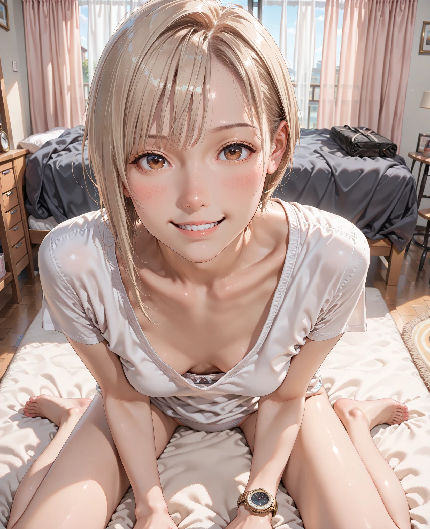 ((masterpiece, best quality, ultra-detailed, high resolution, extremely detailed CG, super detailed, Beautiful human body modeling, Most beautiful clean lighting)), 1 girl, beautiful girl, cute girl and idol face, smile, short and bob cut hair, shiny silver hair, blunt bang, antenna hair, beautiful green, eyes, white skin, short body, completely nude, bedroom