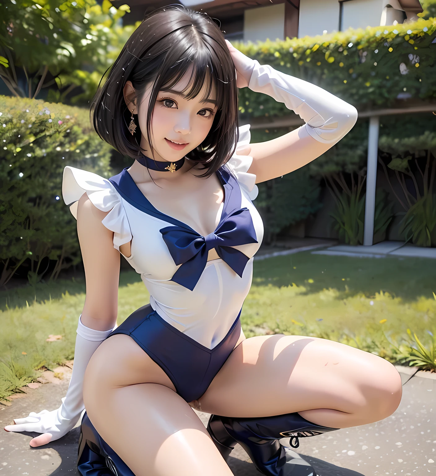 {highest quality}, {so beautiful}, {Super detailed}, {best illustrations}, NSFW, sleep on your back, raise your legs high, spread your legs, grab your knees, vagina, on the bed, Arafed woman posing in white dress and blue bow tie, anime girl cosplay, anime cosplay, hestia, twin tails white_gloves, seductive anime girl, cosplay, japanese goddess, anime goddess, white cat girl, how, spread your legs, raise your legs, pussy juice, show off your pussy, spread your pussy