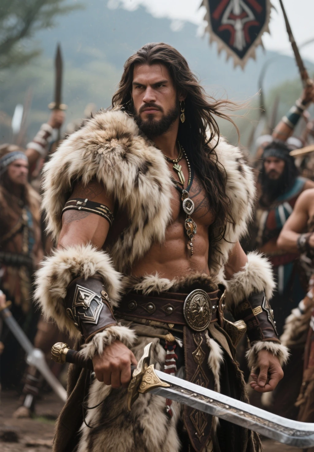 cinematic film still of <lora:Barbarian Style:0.7>
Conan the Barbarian a man with a fur coat smiling to the camera in winder snow outdoors, Barbarian Style,solo,long hair,black hair,1boy,male focus,teeth,belt,armor,muscular,facial hair,crossed arms,abs,pectorals,muscular male,beard,veins,topless male,realistic,manly
, dungeon and dragons style
, shallow depth of field, vignette, highly detailed, high budget, bokeh, cinemascope, moody, epic, gorgeous, film grain, grainy