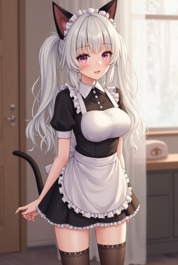 highest quality、masterpiece、((1 girl))、((smile))、(blush:1.4)、black shirt、blouse、((fun!!))、(small breasts)、(Cat ear:1.3)、(silver hair)、()、((white ?????:1.5))、((maid))、((hair ornaments)),、Kamimei、look at me、 ((in house:1.5))、 Take a break to watch the audience、cowboy shot、(skirt lift:1.3),(highly detailed white panties:1.3)、(highly detailed panties:1.3)、、(スカート that rolls up:1.3)、(fully exposed panties:1.5)、light blue eyes、long hair