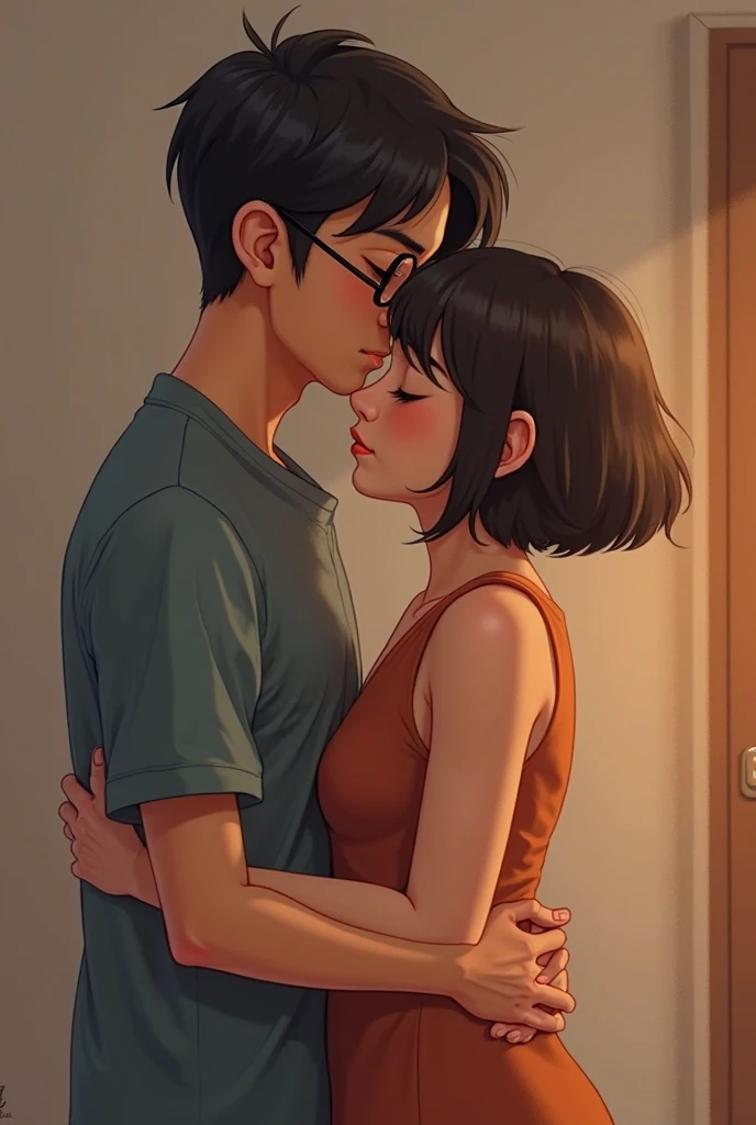 score_9, score_8_up, score_7_up, 1boy, 1girl, mature long black hair with bangs female, ???, mother and son, kiss, comic strip
