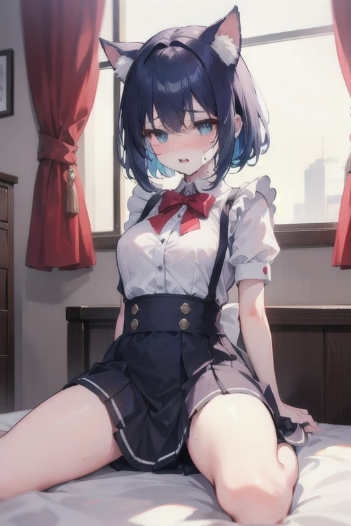 1 girl、solo、blue hair、small breasts、young、lift up skirt、Panties with ribbon、Panmoro、blush、Smile、front、No text、Backlight