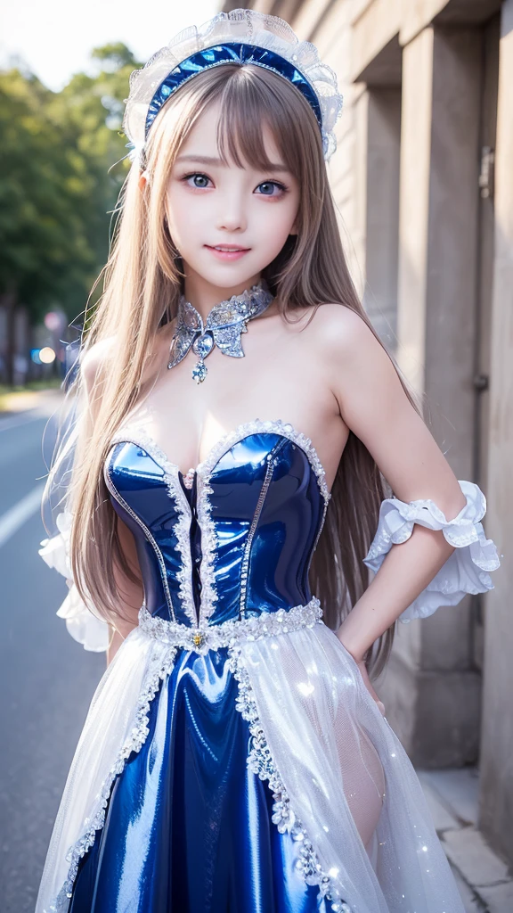Angelic very beautiful cute young girl,
Beautiful detailed eyes,
Detailed double eyelids,
(Soft Saturation: 1.3),
(Fair skin: 1.3),v-line jaw,
(Large eyes:1.4),
Long straight brown hair,
see-through bangs,15yo student,
Sharp Focus,
beautiful detailed face and eyes,
drooping eyes,
small straight nose,
small mouth,
happy smiling with visible teeth, 85mm lens, F/8.0,BREAK (Super shiny holographic white and metallic blue maid costume :1.3),Walking,Brown hair ,(Costumes with strong reflective surfaces:1.3),
(Best Quality:1.2),(Maid costume:1.5),
Raw photo,
High resolution,
perfect detail,
Professional Photography,
Professional Lighting,
Powerful lighting of the costume,In the street,break (lift the skirt:1.5),(panty:1.4),(skirt lift:1.5),(lift apron:1.4)