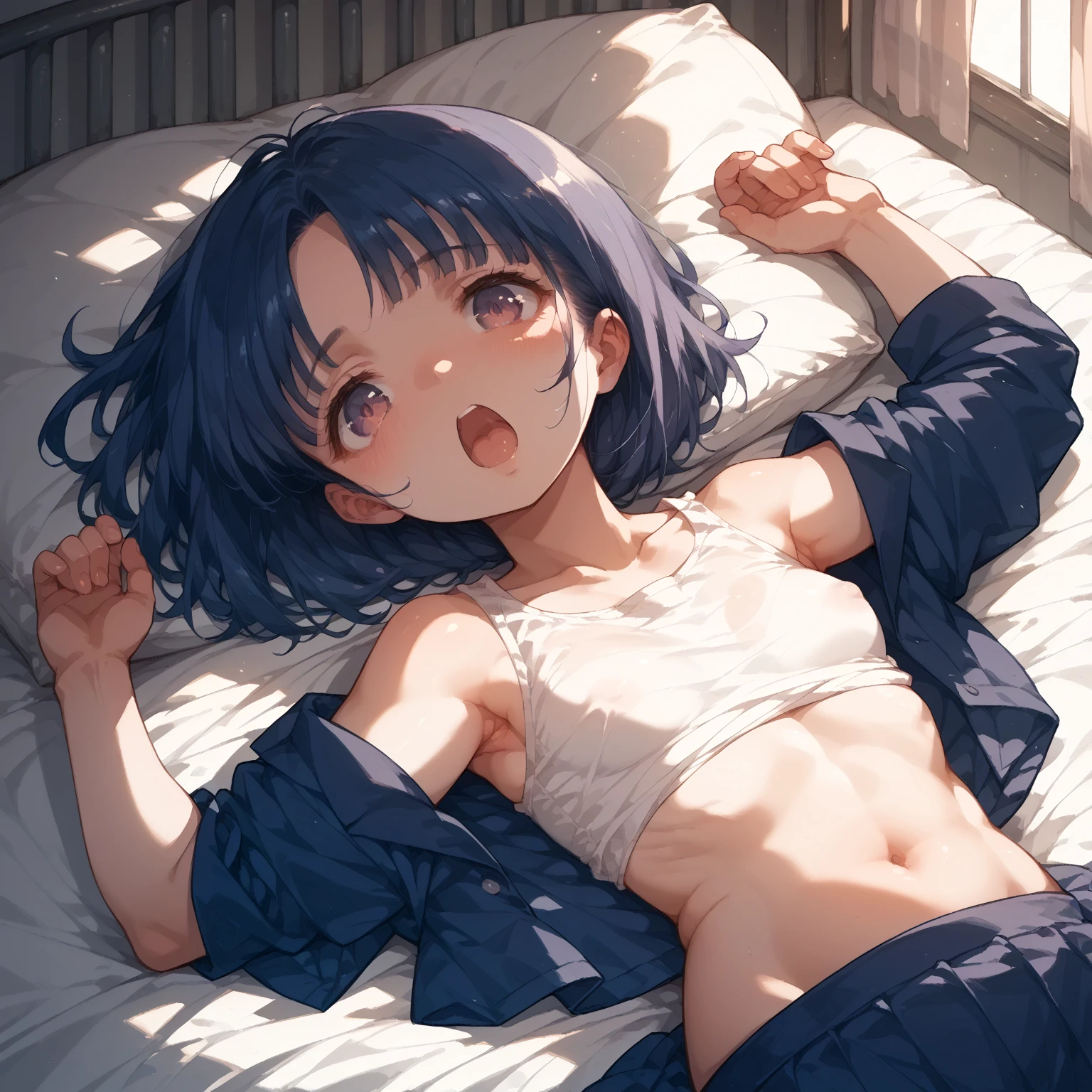 (masterpiece、highest quality)、High resolution、Detailed face:1.2、anime(1.2)、bird's eye view、Sharpness、4K、Are standing、Beautiful boy、Crossdresser、Shota、cute、full bang、Short Bob、hair ornaments、Young face、Slender figure、low length、chest、Groin bulge、White oversized T-shirt、light blue shorts、Black thigh-high socks、Embarrassing、Fidgeting with legs、Sweat、Private room