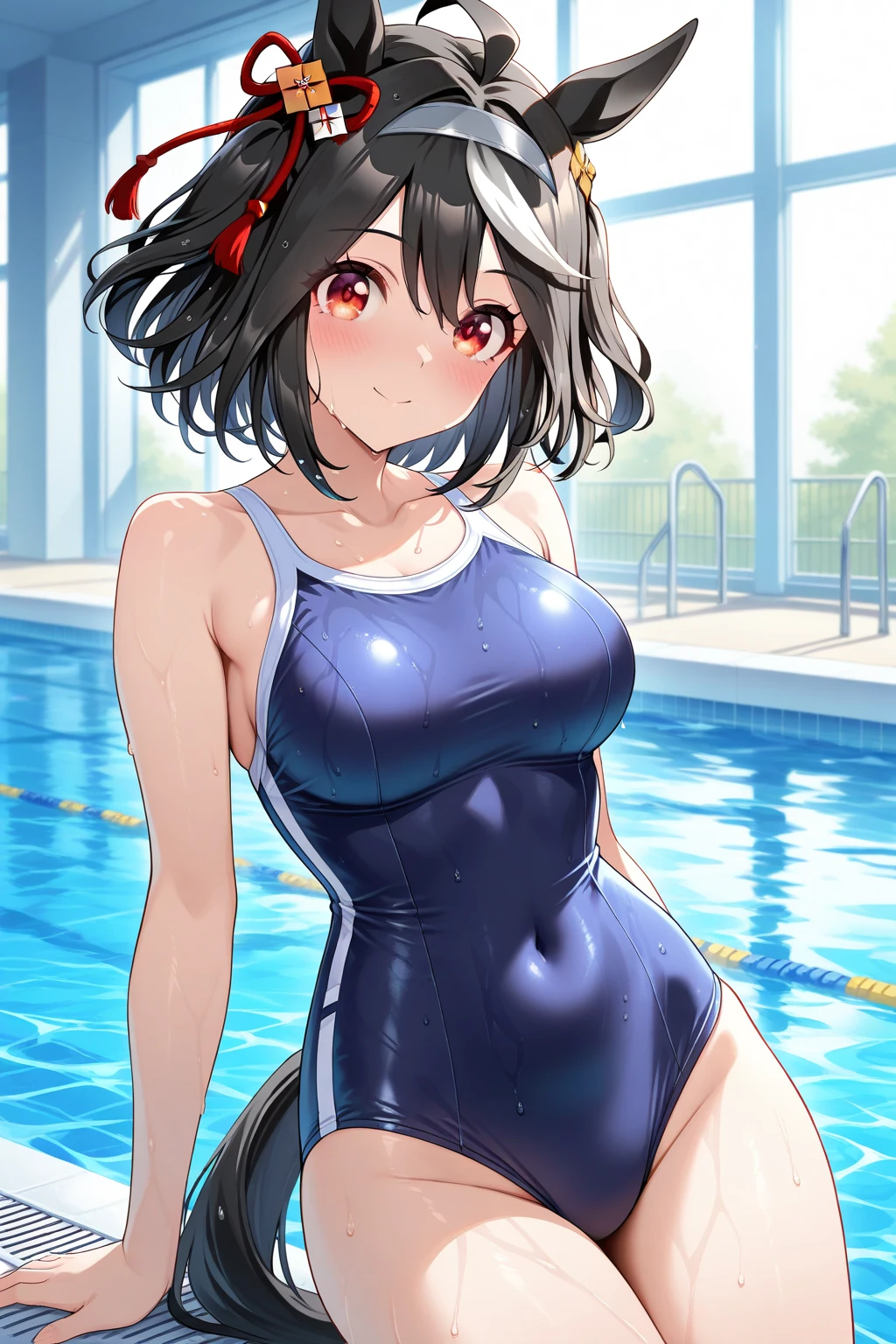 Swimming Club Swimsuit beautiful girl Black Hair Short Bob Swim cap Beautiful breasts Poolside