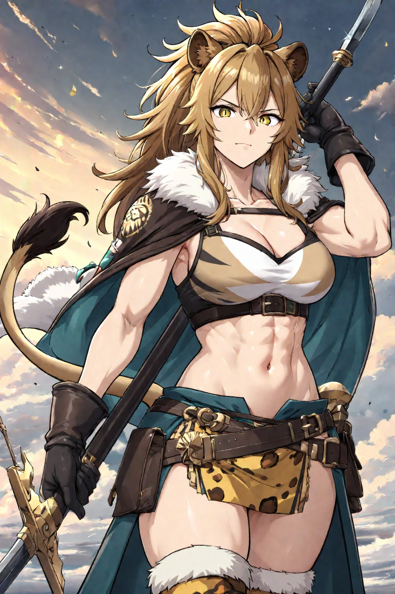 Muscular woman with blond short hair, lion's ears and tail, savage, green eyes, barbarian medieval outfit, anime art style, 2d
