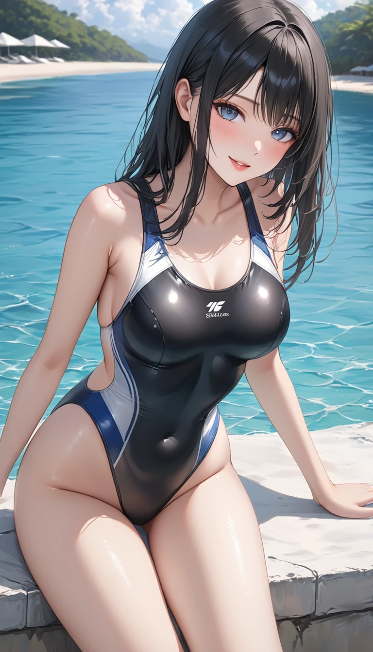 (((masterpiece,best quality,ultra detailed,high resolution))),(daytime,clear weather,front light),from behind,looking viewer,((solo,beautiful girl)),(black hair),(beautiful detailed face,beautiful detailed eyes),(finely detailed skin,fair skin),slender,light smile,shy,(one-piece competition swimsuit),(in the beautiful lake,beautiful sky),(mefium breast,perky breast,small hip),sitting,
