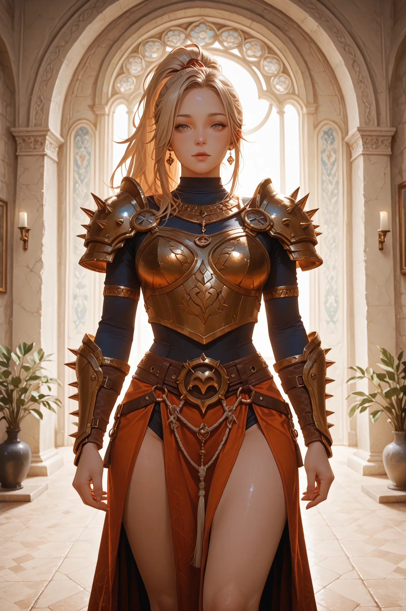 Blonde haired woman with braids, (Armadura nordica decotada dourada). Bright chrome gold armor with sharp reflections. Pedras preciosas. ombros nus. (tiara). Low muscle definition. Pernas lindas. Ombros nus visiveis. Detailed lighting. artistic work. Beleza extrema. Roupa com efeito de gradiente colorido intenso. Professional image with high saturation. Camera profissional. illustration. cores vibrantes. olhos amarelos vibrantes, magra, capa de pelo, olhos dourados brilhantes, simetria, olhar intenso, detalhes pretos nas roupas, aura dourada