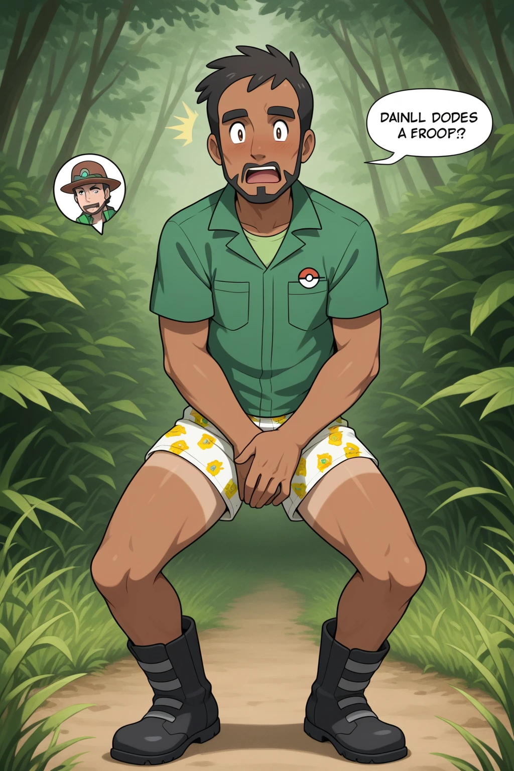 Solo, male, standing, forest, by zackary911, by jay naylor, by zaush, by nuzzo, by meesh, muscular, canine, (((dobermann))), blonde hair, blue eyes, smirking, lifting tunic, low-angle-view, penis focus, sitting, erection, (((canine penis)), (knot), green tunic,  clothing over penis, pent up,