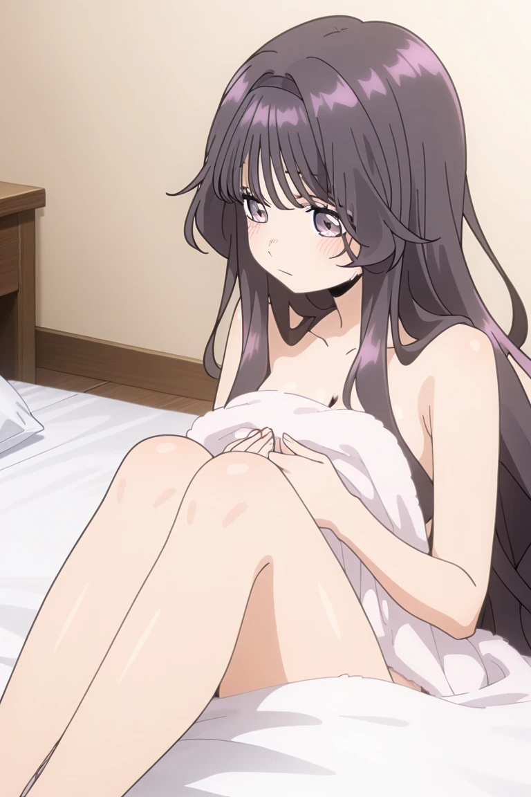 ((masterpiece, highest quality:1.2)),in perspective,cowboy shot,1woman,18 year old beauty、solo,long hair,dark purple hair,(very small head),shy,smile,slender and long body,skinny,medium breasts,oily skin,shiny skin,Waking up、Tank top、panties、lying,Simple bed、simple interior、early morning、Tokyo、
