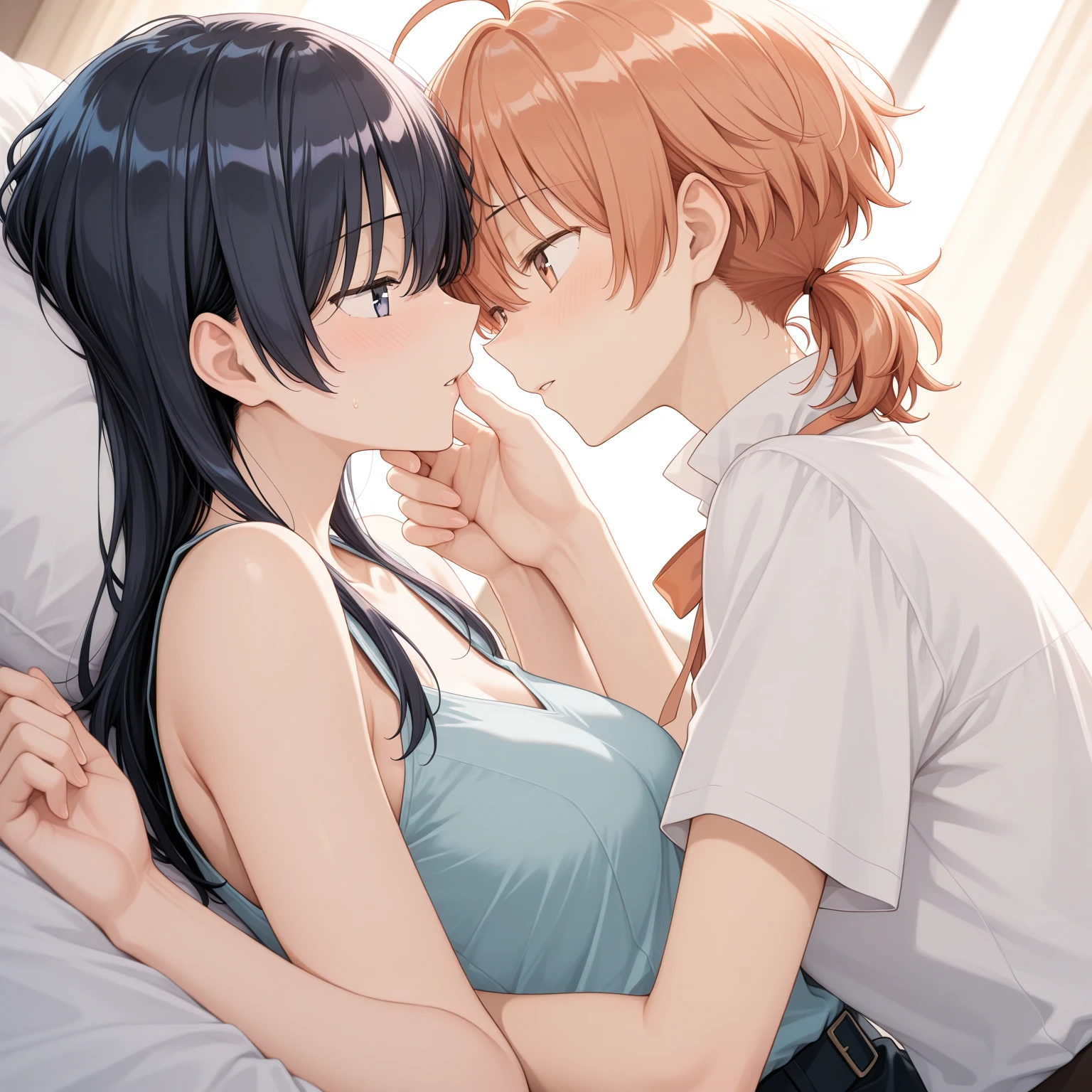 2 girls , bed,Yukinoshita Yukino , Yuigahama Yui , kiss , Drool,school uniform,check skirt,the skirt is rolled up,blue panties ,pink panties,