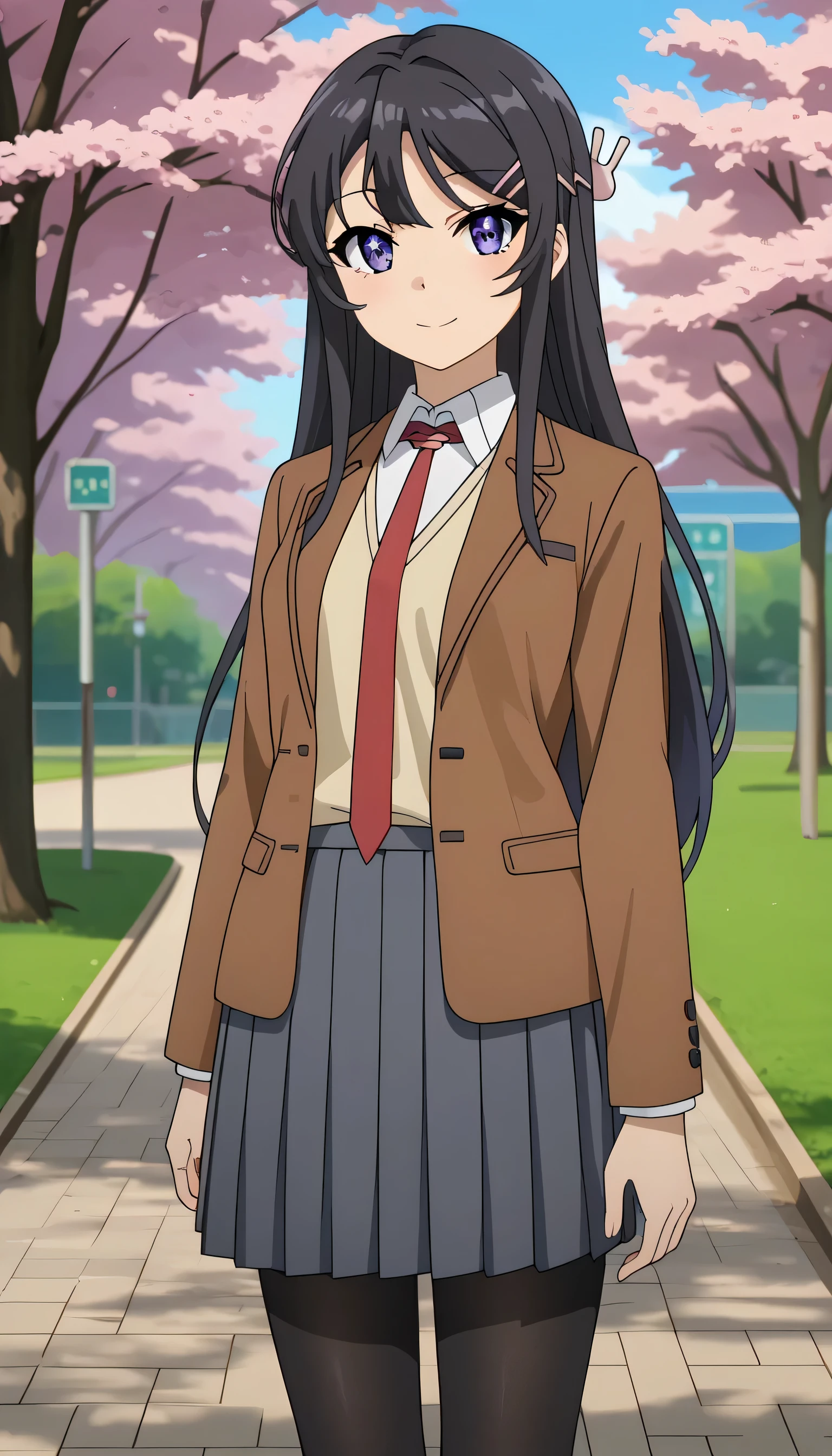 score_7_up, anime screencap, anime coloring,
1girl, solo, closed mouth, light smile, light blush,
long hair, black hair, purple eyes, hairclip, rabbit hair ornament,
MaiSchool, blazer, open jacket, brown jacket, yellow vest, white shirt, long sleeves, red necktie, pleated skirt, grey skirt, black pantyhose,
thigh gap, standing, looking at viewer, cowboy shot,
blurry background, outdoors, park, blue sky, cherry blossoms