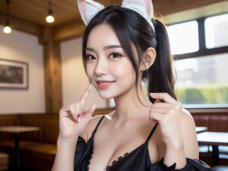 top-quality、超A high resolution、(Photorealsitic:1.4)、女の子1人、Bunny Girl Cosplay、black ears、(A dark-haired:1)、(huge-breasted:1.2)、looking at viewert、lyin in bed、No underwear、a smile