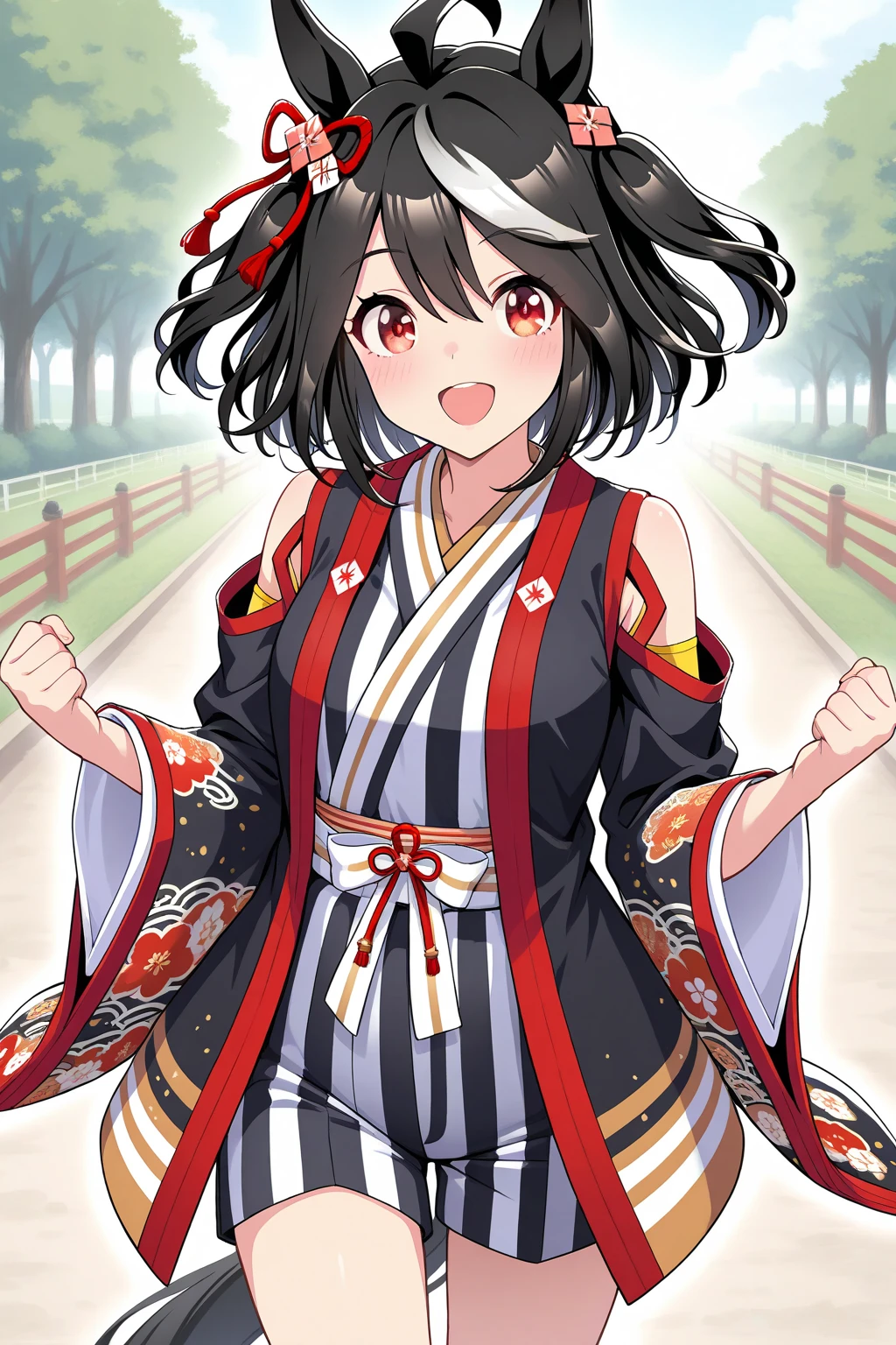 (Upper Body,From above,breast focus),Sitting,(wariza:1.5),North Three_black_umamusume,Captivating smile,Animal ears,Red eyes,short hair,black hair,Striped Hair, hair ornaments,Small breasts, Horse tail,(Kimono jacket,Cleavage, Clothing cutouts, Removable sleeves, shimenawa, skirt, black thighhighs),Racecourse,masterpiece,Noise Reduction,Perfect Anatomy,High resolution, Very detailed, Very detailed face,Game CG,Dutch Angle ,Beautiful attention to detail,Visual Arts,Five Fingers, Perfect hands, Perfect lighting, Sparkling Eyes,