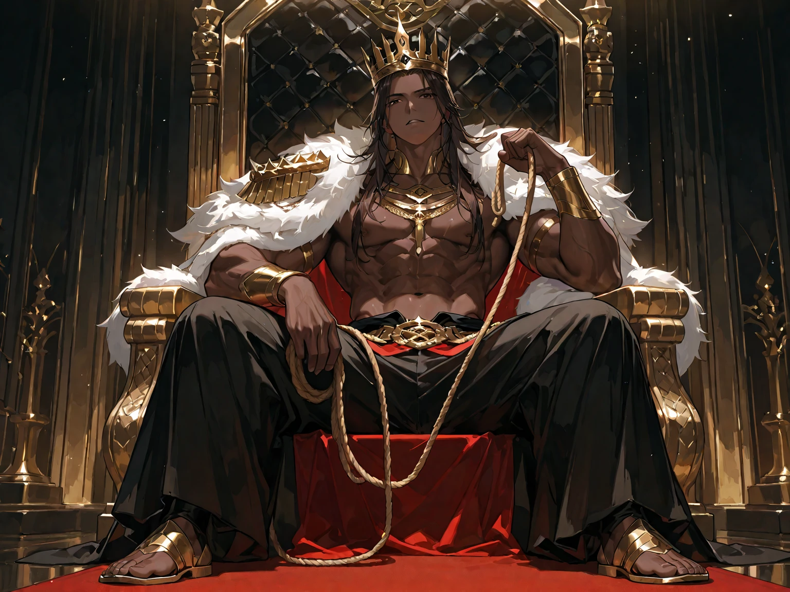 Ultra-realism, buff young man as king in a throne, dar vibes, bear fur cape