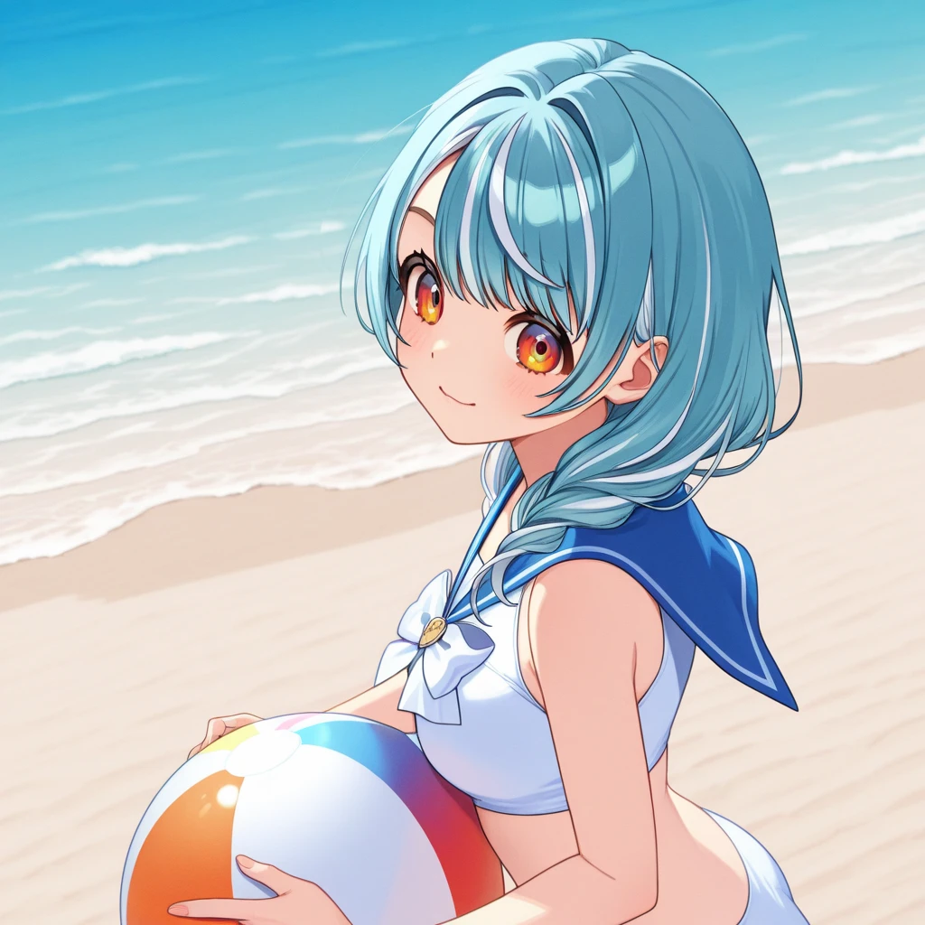 bunnygirl, blue hair, blue eyes, long hair, wearing white tigh shirt, no wearing pants, flat breast, holding a ball, blush, water, beach, in water, super happy, playing, 8k quality, littlegirl