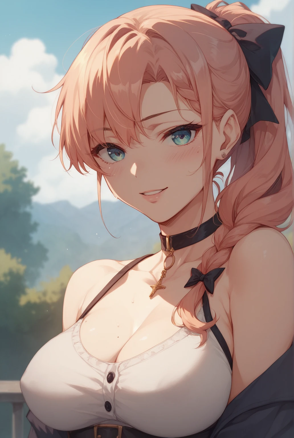 high resolution, (masterpiece), 4k, portrait, ((from front)), (upper body), 1girl, ((detailed long flowing pink_hair adorned with black_ribbons)), (bright sky_blue_eyes), (c-cup breasts), wide hips, long legs, (sleeveless_white_polo_shirt), frilled_black_skirt, ((brown_belt emblazoned with black_stars on both sides of the belt's buckle)), (white_knee_socks secured by black_ribbons), ((white_arm-length_gloves with black_ribbon tied around biceps)), happy grin, blush, (relaxed pose), evening, sunfall, japanese park background with trees and fountain
