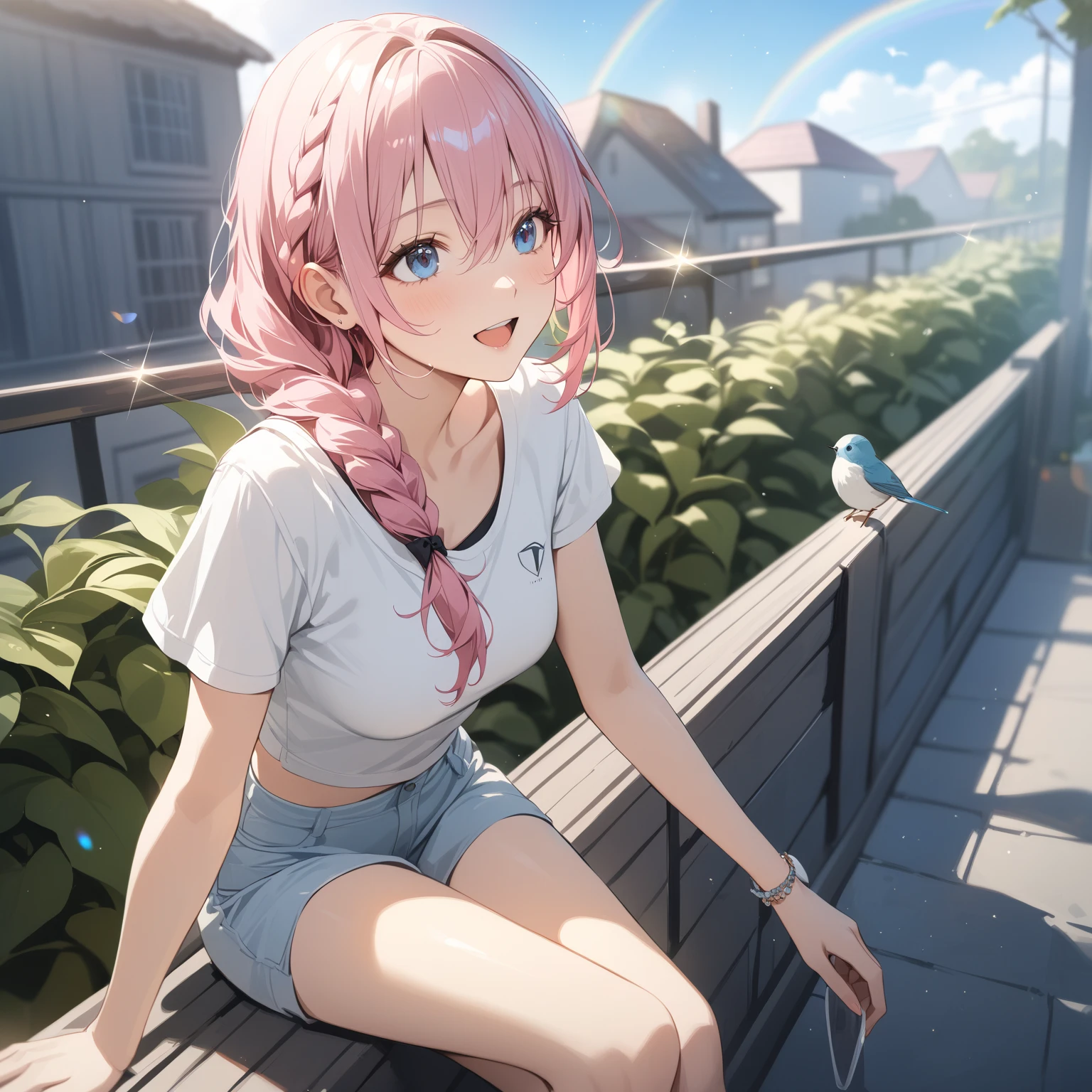 SnbAmr-KJ , crown braid , twintails, (pink hair:1.7), red eyes,, 1girl, barefoot, sitting, skirt, long_hair, breasts, shirt, grass, wet, underwear, outdoors, water, feet, tree, short_sleeves, nature, large_breasts, solo, pleated_skirt, panties, white_shirt, knees_up, wet_clothes, looking_at_viewer, collarbone, forest, black_skirt, lips, bare_legs, glow effects, godrays, Hand drawn, render, 8k, octane render, cinema 4d, blender, dark, atmospheric 4k ultra detailed, cinematic, Sharp focus, big depth of field, Masterpiece, colors, 3d octane render, 4k, concept art, trending on artstation, hyperrealistic, Vivid colors, extremely detailed CG unity 8k wallpaper, trending on CGSociety, Intricate, High Detail, dramatic,