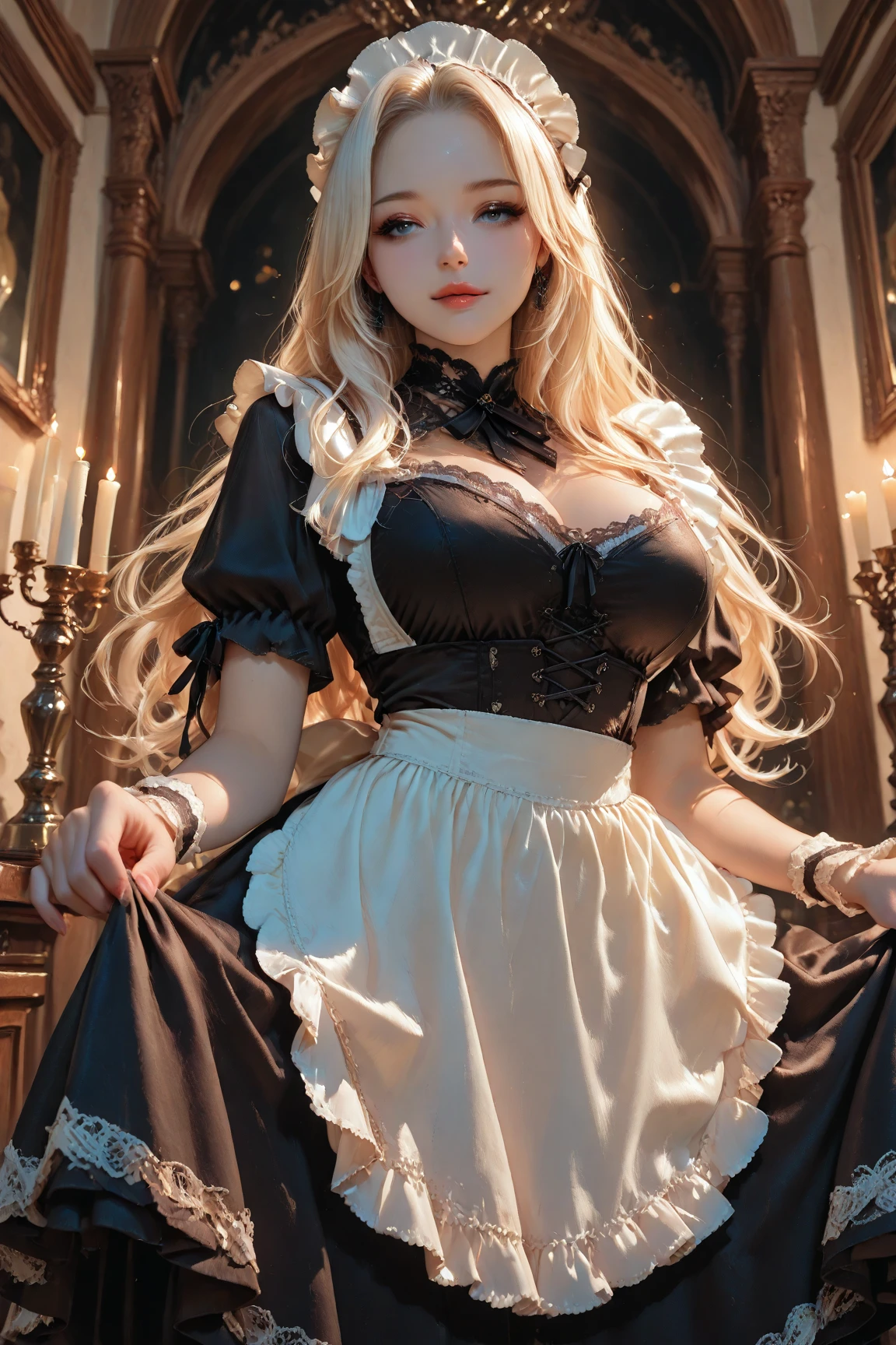 1girll，Vampires，silber hair，red color eyes，Big eyes，Lori huge breasts cleavage，toddlers，Black belly，Black and white Lolita，Lace white stockings，Look into the camera，Behind you is the rose garden，tmasterpiece，k hd --auto
