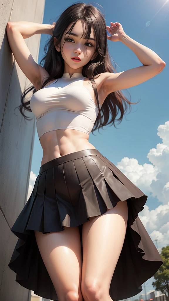 (Best Quality, 8K, 32K, masterpiece, nsfw:1.2),pretty girl pictures, Large breasts, Very short bob hair, detailedbackground, blast furnace, ((1girl、solo)), realistic skin, ((tifa_lockhart)), (seductive smile:1.3), cowboy shot, suspenders, lowrise, a miniskirt, Tank tops, Tense shirt, A dark-haired, length hair, elbowgloves, ((Beautiful detailed red eyes)), (Beautiful highlights of red eyes)), Facial light, navel, High exposure, Exposure of the abdomen. ribs, abs, (huge breasts:1.5), dynamic poses, dynamic ungle, Affectionate smile, slightly open lips, ((Lift the hem of the skirt with your hands:1.3)), ((Show panties:1.3)), looking at viewer, ((From below:1.5)), toned round buttocks with a small crotch, Nice leg line:1.3, thick thighs, Slim your waist