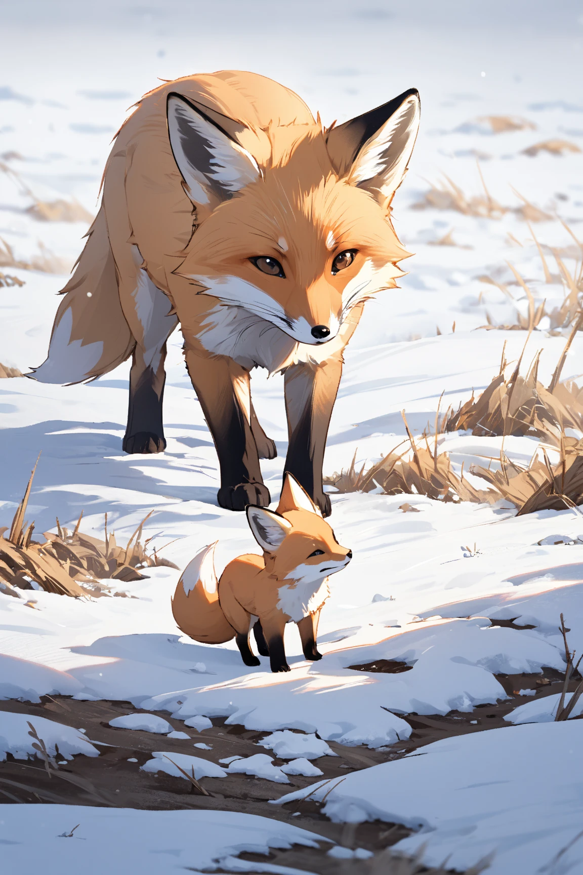 A little ant on a fox cub asleep in the snow