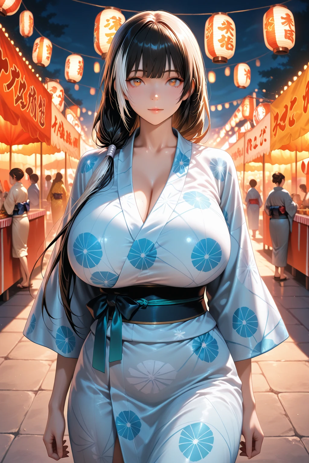 ((masterpiece)), ((best quality)), extremely high quality artwork, highres, ((ultra-detailed)), ((intricate details)), UHD, ((8k)), ((detailed background)), (beautiful detailed face), japanese streets, neon signs, crowded street, day time, sun rays, studio lighting, (vivid colors), matsumoto_rangiku, smile, long hair, mole, mole under mouth, huge breasts, cleavage, large breasts, jewelry, necklace, japanese clothes, lips, kimono, no bra, orange hair, blue eyes, long sleeves,
